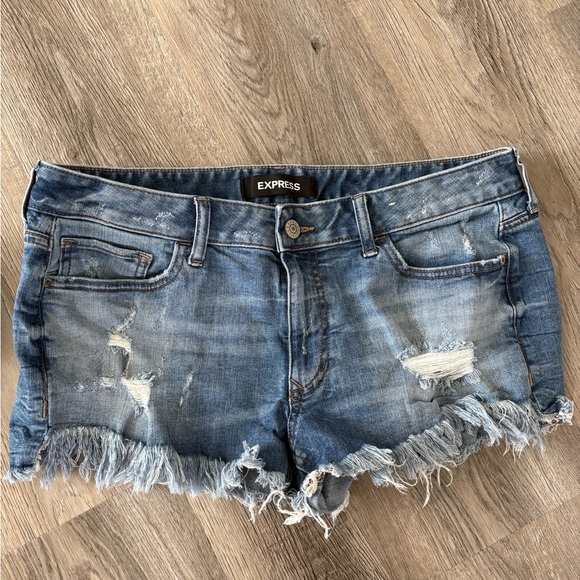 Express Pants - Express Distressed Denim Cutoff Shorts - Blue